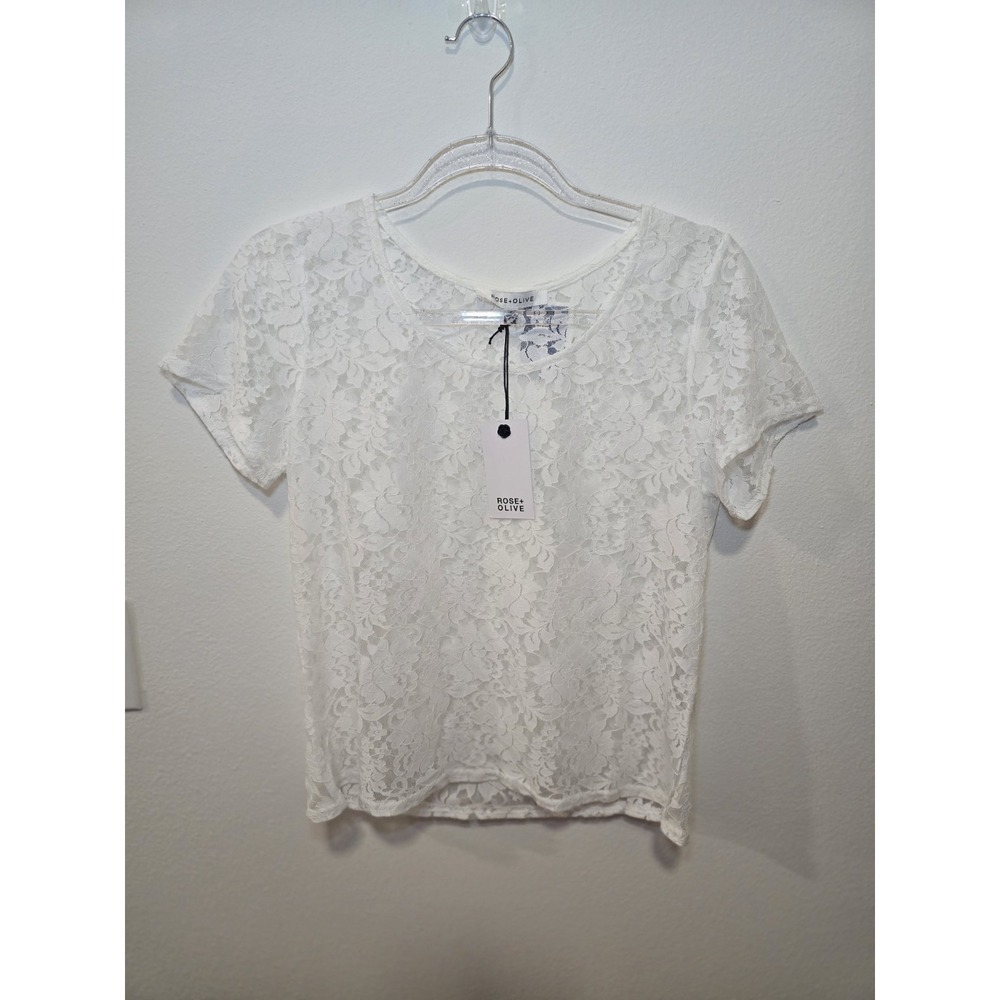 Rose + Olive White Floral Lace Sheer Short Sleeve Top NWT size Small